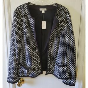 Christopher & Banks Cardigan Jacket Size XL Black White Print Open Front Career